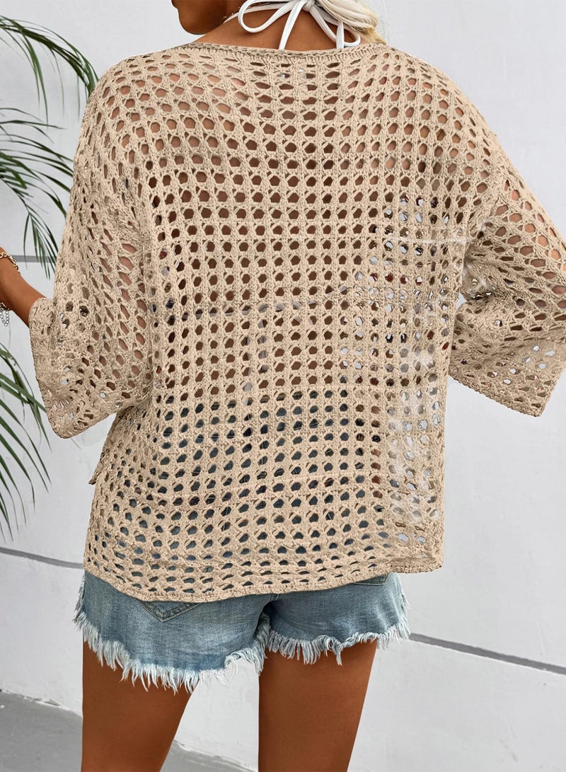 Dokotoo Womens Summer Tops 3/4 Sleeve Crochet Knit Pullover Sweaters Hollow Out Solid Color Spring Casual Elegant Boho Cute Lightweight Soft Shirts Beach Vacation Outfits Coverup Apricot Medium - Image 4
