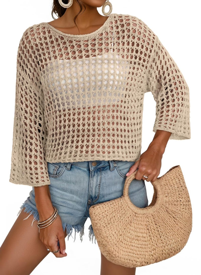 Dokotoo Womens Summer Tops 3/4 Sleeve Crochet Knit Pullover Sweaters Hollow Out Solid Color Spring Casual Elegant Boho Cute Lightweight Soft Shirts Beach Vacation Outfits Coverup Apricot Medium - Image 1