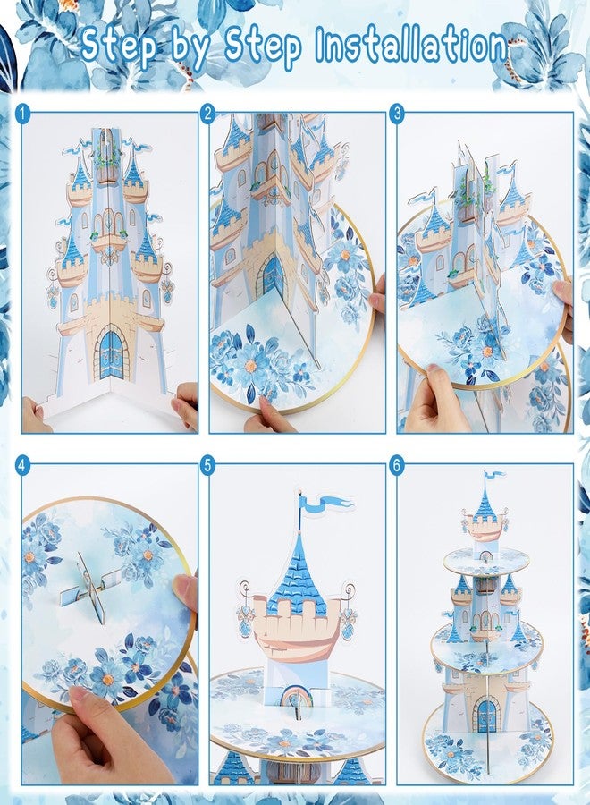 Aposwow Blue Castle Birthday Party Decorations - 3 Tier Flower Castle Cupcake Stand Blue Theme Party Supplies Dessert Tower Holder for Birthday Baby Shower Wedding Decorations - Image 4