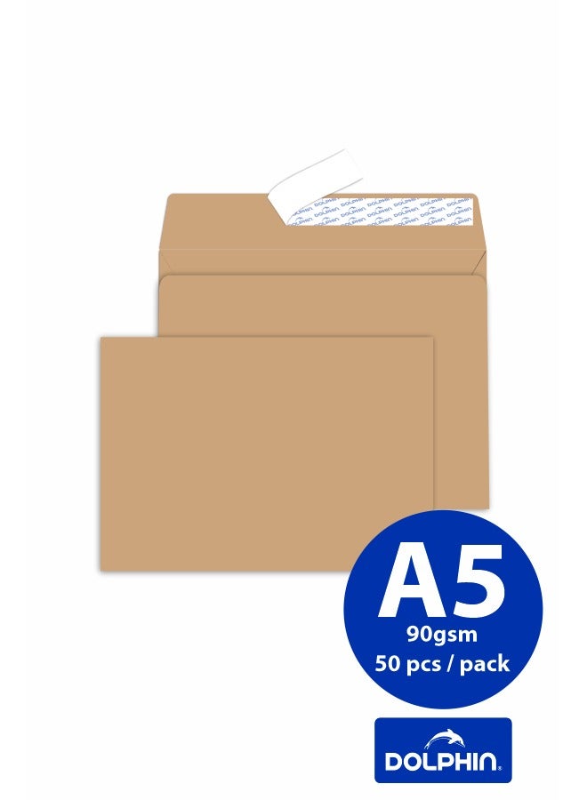 Dolphin Premium Brown Envelopes 7"x10", A5 Size, 90 GSM, Peel & Seal – Pack of 50, Premium Quality, Made in Turkey  - Image 1
