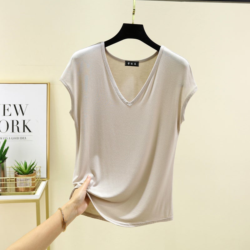 Modal V-Neck Sleeveless T-Shirt Women's Summer Thin Half-Sleeve Loose plus size All-Match Base Shirt Outer Wear T-Shirt Top - Image 1