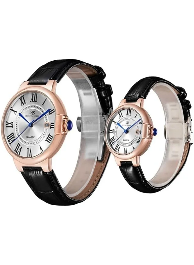 KENNETH SCOTT Kenneth Scott Analog Display Couple Watch Set With Genuine Leather Strap - K23053P-RLBW, Black
