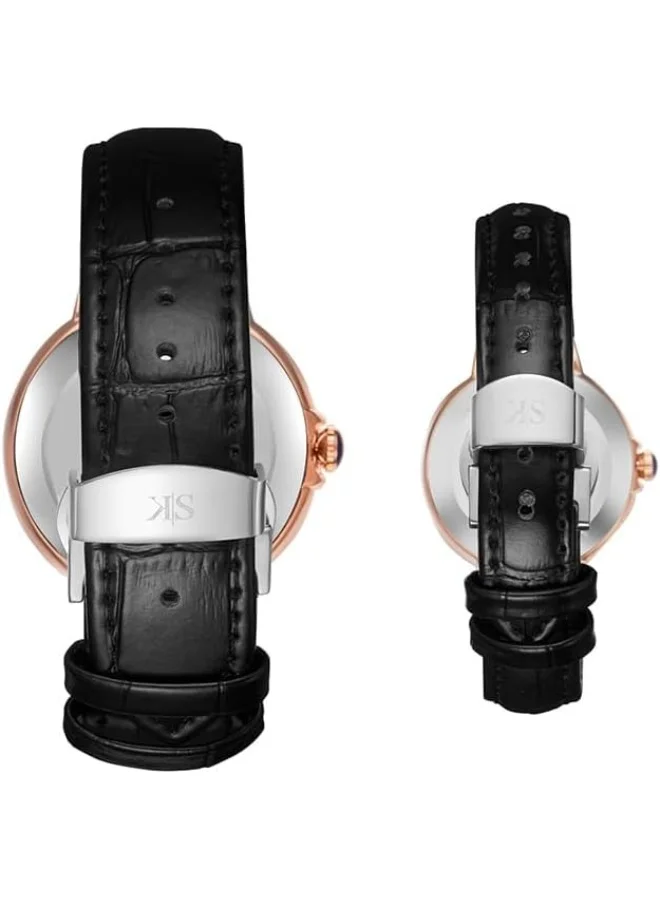 KENNETH SCOTT Kenneth Scott Analog Display Couple Watch Set With Genuine Leather Strap - K23053P-RLBW, Black
