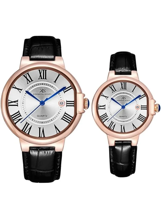 KENNETH SCOTT Kenneth Scott Analog Display Couple Watch Set With Genuine Leather Strap - K23053P-RLBW, Black