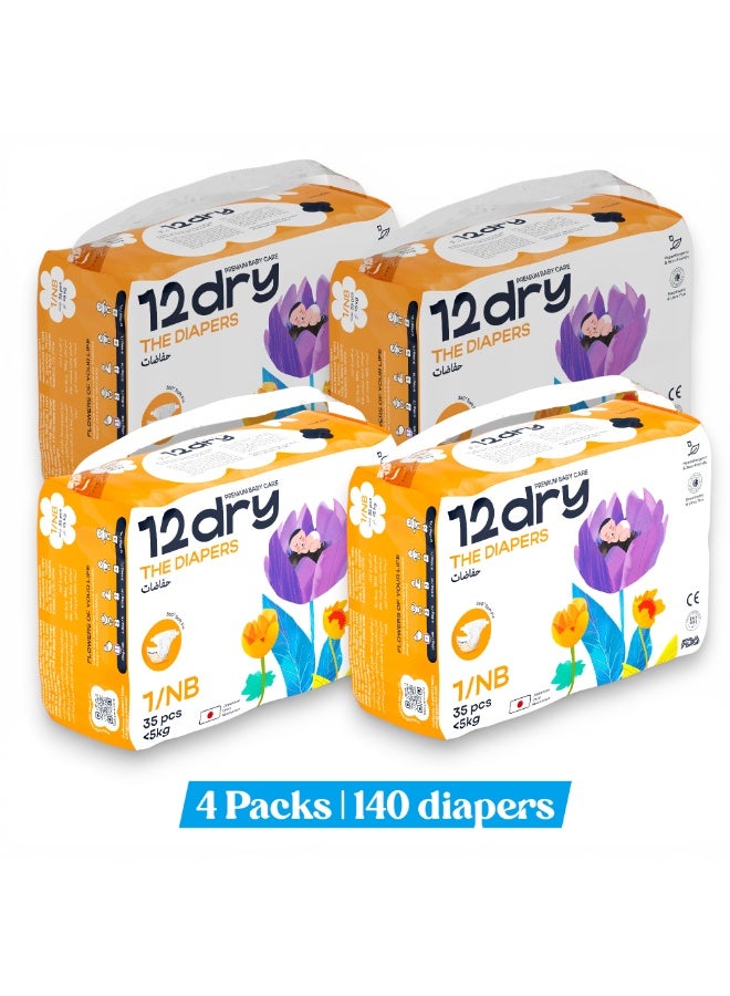 12dry Diapers Size Newborn Pack 4 (140 Count) Ultra Absorbent Dual-Layer Thin and Breathable Eco-Friendly with Soft Elastic Waistband