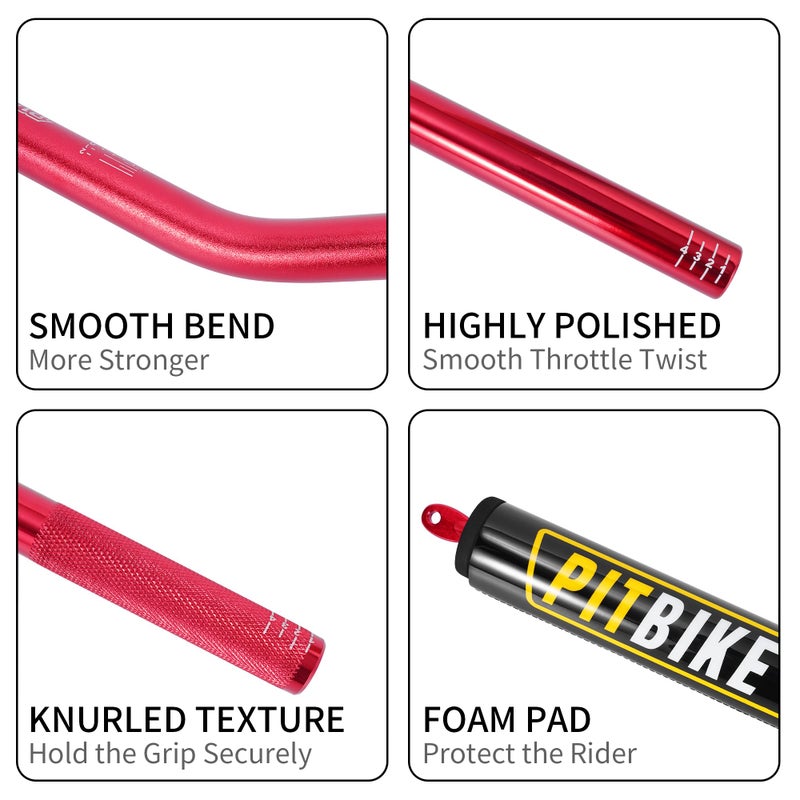 RUTU Handlebars 7/8 Inch for Motorcycle,RUTU Upgraded Universal Dirt Bike Handle Bar with Crossbar Pad Mid-Rise Mini Bike Pit Bike Handlebar for Motocross ATV Quad - Red - Image 5