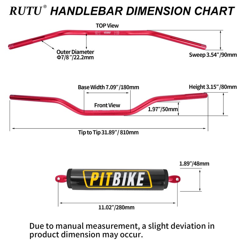 RUTU Handlebars 7/8 Inch for Motorcycle,RUTU Upgraded Universal Dirt Bike Handle Bar with Crossbar Pad Mid-Rise Mini Bike Pit Bike Handlebar for Motocross ATV Quad - Red - Image 2