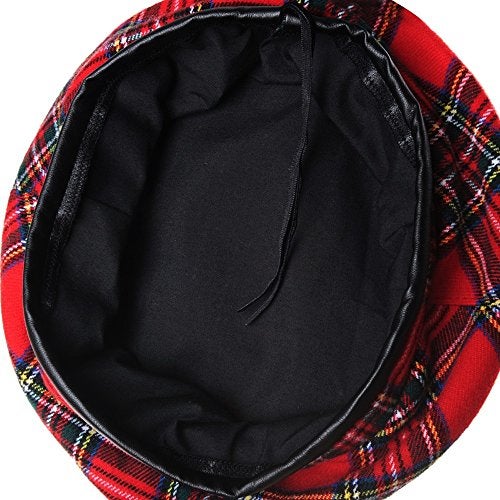 WITHMOONS Wool Beret Hat Tartan Check Leather Sweatband KR9539 (Red) - Image 3