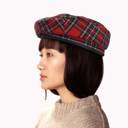 WITHMOONS Wool Beret Hat Tartan Check Leather Sweatband KR9539 (Red) - Image 4