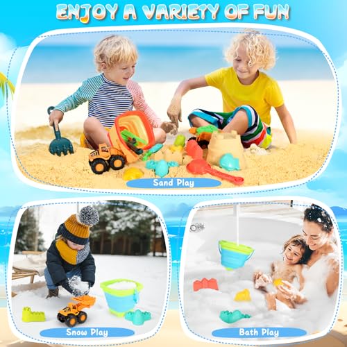 HUITEM Beach Sand Toys for Kids, 29PCS Sandbox Toys with 2 Collapsible Bucket Sand, 2 Dump Truck, Dinosaur Molds, Castle Building Kit, Shovel Sieve,Flags,Mesh Bag Travel Beach Toys for Toddler 3-10 - Image 5