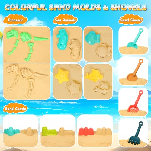 HUITEM Beach Sand Toys for Kids, 29PCS Sandbox Toys with 2 Collapsible Bucket Sand, 2 Dump Truck, Dinosaur Molds, Castle Building Kit, Shovel Sieve,Flags,Mesh Bag Travel Beach Toys for Toddler 3-10 - Image 4