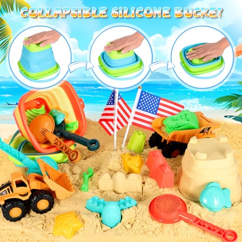 HUITEM Beach Sand Toys for Kids, 29PCS Sandbox Toys with 2 Collapsible Bucket Sand, 2 Dump Truck, Dinosaur Molds, Castle Building Kit, Shovel Sieve,Flags,Mesh Bag Travel Beach Toys for Toddler 3-10 - Image 3