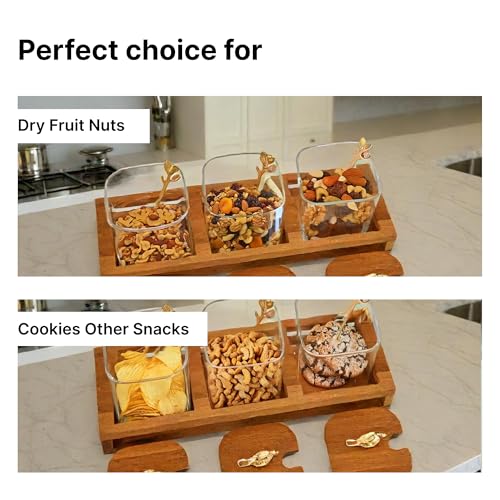 UMAI Platters Serving Set for Snacks with Wooden Tray, Spoon, 3Jars (380ml Each) | Diwali Gift | Serving Bowls with Tray | Serving Tray with Bowls for Snacks | Gift for Housewarming - Image 5