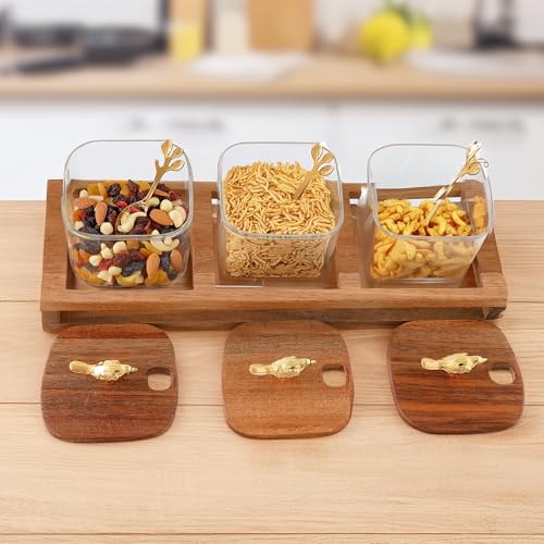 UMAI Platters Serving Set for Snacks with Wooden Tray, Spoon, 3Jars (380ml Each) | Diwali Gift | Serving Bowls with Tray | Serving Tray with Bowls for Snacks | Gift for Housewarming - Image 2