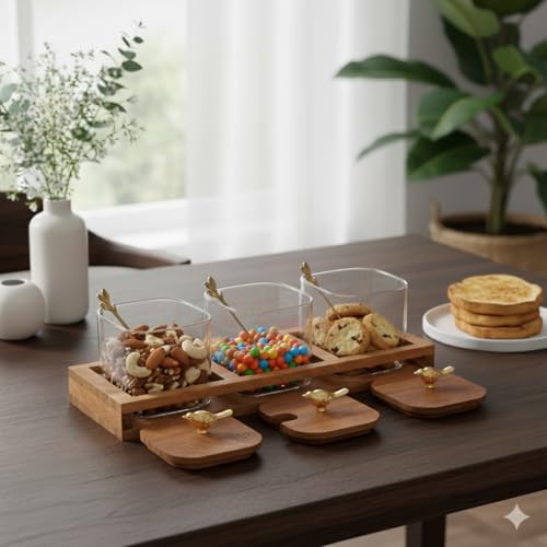 UMAI Platters Serving Set for Snacks with Wooden Tray, Spoon, 3Jars (380ml Each) | Diwali Gift | Serving Bowls with Tray | Serving Tray with Bowls for Snacks | Gift for Housewarming - Image 1