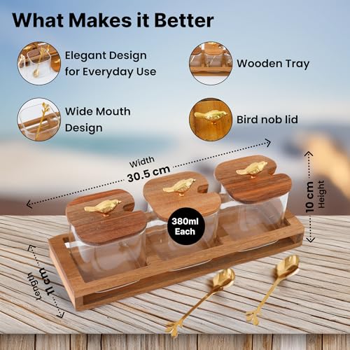 UMAI Platters Serving Set for Snacks with Wooden Tray, Spoon, 3Jars (380ml Each) | Diwali Gift | Serving Bowls with Tray | Serving Tray with Bowls for Snacks | Gift for Housewarming - Image 4