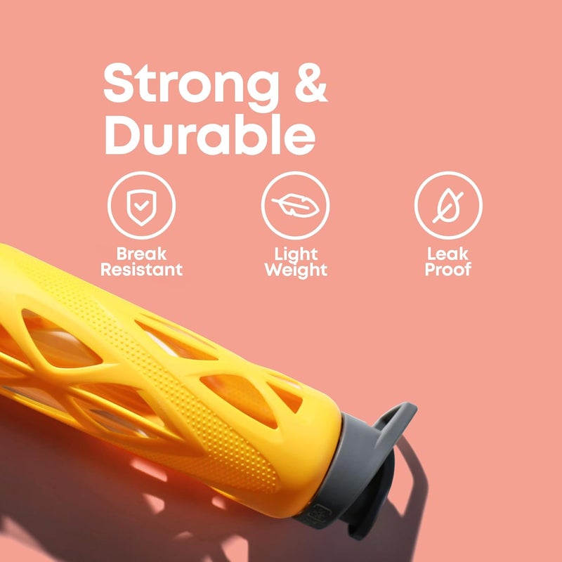 TintBox Borosilicate Glass Water Bottle with Silicone Sleeve | as seen on Shark Tank | perfect for Office, Home, Fridge, Gym, Travel | BPA Free | Pulse Yellow | 750ml - Image 4