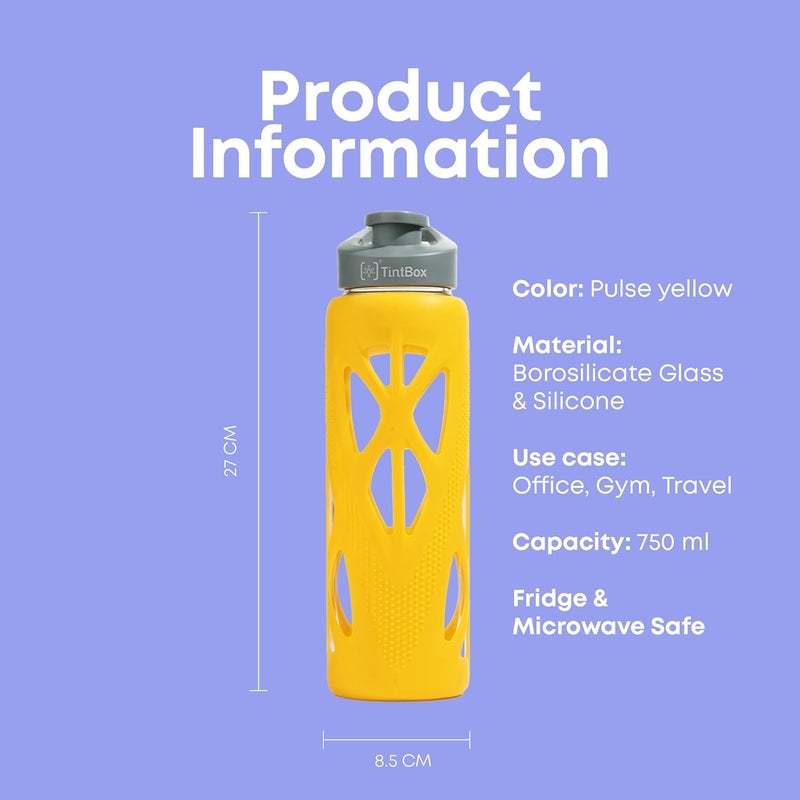 TintBox Borosilicate Glass Water Bottle with Silicone Sleeve | as seen on Shark Tank | perfect for Office, Home, Fridge, Gym, Travel | BPA Free | Pulse Yellow | 750ml - Image 3