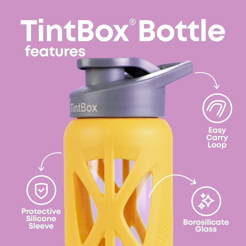 TintBox Borosilicate Glass Water Bottle with Silicone Sleeve | as seen on Shark Tank | perfect for Office, Home, Fridge, Gym, Travel | BPA Free | Pulse Yellow | 750ml - Image 2