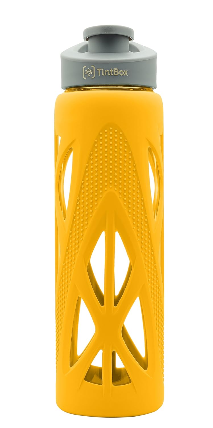 TintBox Borosilicate Glass Water Bottle with Silicone Sleeve | as seen on Shark Tank | perfect for Office, Home, Fridge, Gym, Travel | BPA Free | Pulse Yellow | 750ml - Image 1