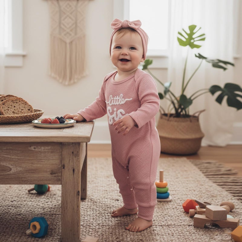 allshope Infant Baby Girl Fall Outfit Sweatshirt Romper Little Sister Lil Sis Long Sleeve Jumpsuit Newborn Clothes (Waffle Little Sis Pink, 0-3 Months) - Image 4