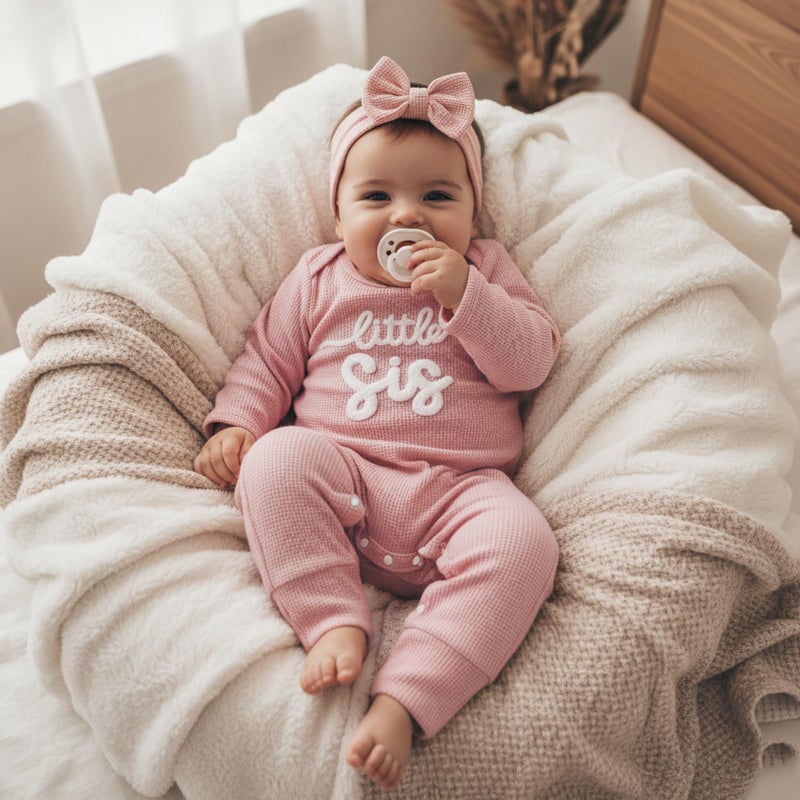 allshope Infant Baby Girl Fall Outfit Sweatshirt Romper Little Sister Lil Sis Long Sleeve Jumpsuit Newborn Clothes (Waffle Little Sis Pink, 0-3 Months) - Image 5