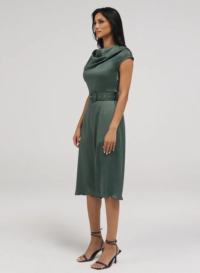 Zigzag Cowl Neck Dress With A Slit And Belt