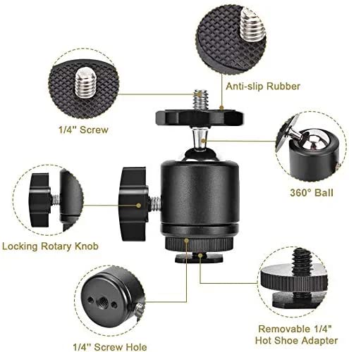 UTEBIT 2 Pack Mini Ball Head with 1/4" Hot Shoe Mount Adapter Max Load 5.5lb 360° Swivel Tripod Ball Head for DSLR Camera Camcorder, Light Bracket - Image 3