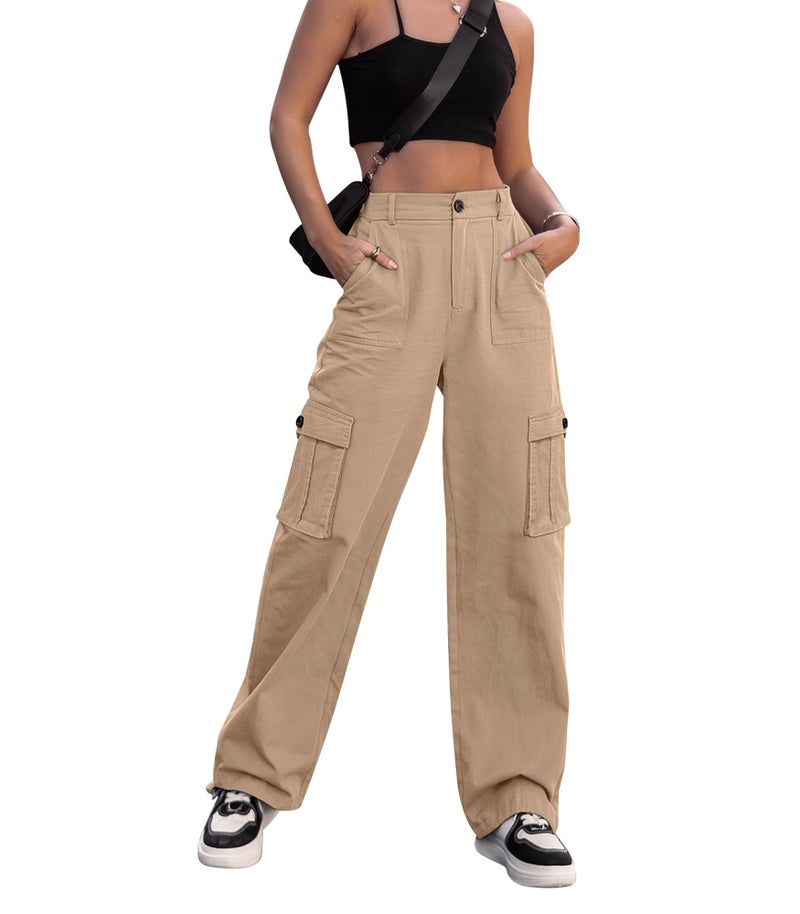 ZMPSIISA Women High Waisted Cargo Pants Wide Leg Casual Pants 6 Pockets Combat Military Trousers(Khaki,Medium) - Image 4