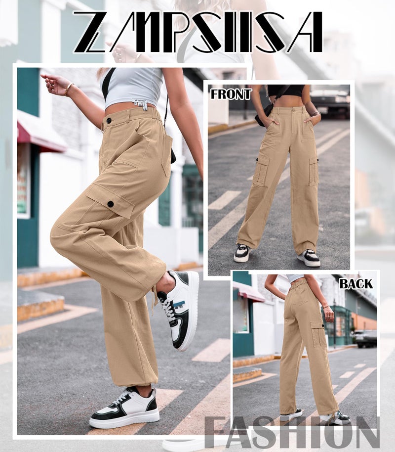 ZMPSIISA Women High Waisted Cargo Pants Wide Leg Casual Pants 6 Pockets Combat Military Trousers(Khaki,Medium) - Image 5
