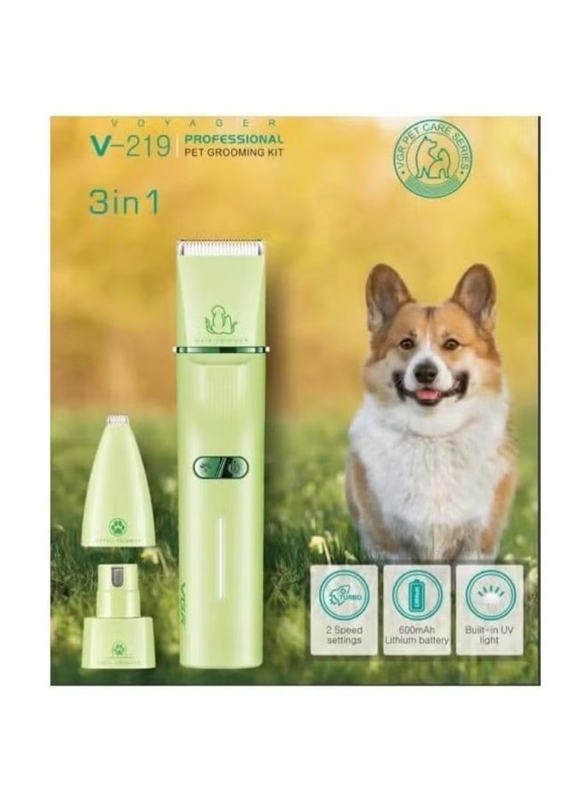 VGR 3 in 1 Pet Clipper for Dogs & Cats V-219 , Rechargeable Grooming Trimmer with Interchangeable Heads, Built in UV Sterilizing Light, Dual Speed Control, Ceramic & Stainless Steel Blades, Type-C Charging & Washable Detachable Head - Image 3