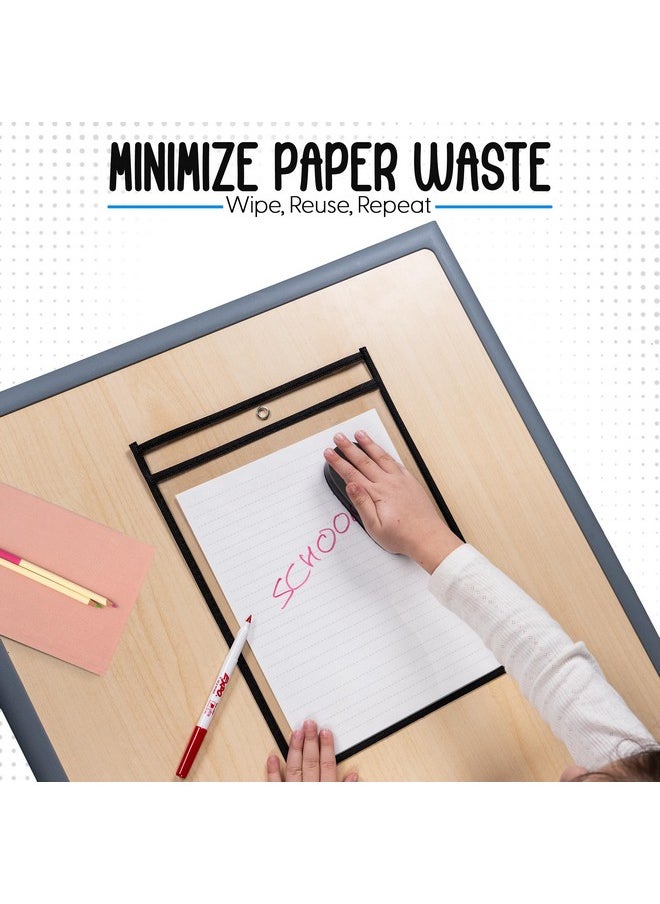 Essex Wares - 30 Pack, Black, Dry Erase Pocket Document Protectors, 10" Wide X 13.5" Tall - Dry Erase Clear Plastic Sleeves - Reusable & Easy Erase Plastic Invoice Holders, Water-Resistant & Durable  - Image 2