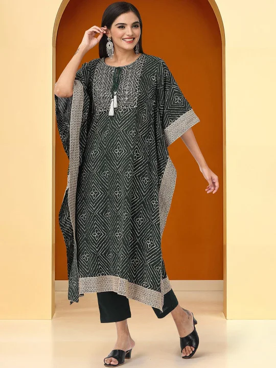 Women'S Green 100% Cotton Embellished Kaftan Full Length Pleat Front Straight Fit Kurta Set