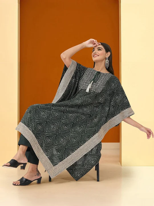 ISHIN  Women'S Green 100% Cotton Embellished Kaftan Full Length Pleat Front Straight Fit Kurta Set for Women | Best Price UAE