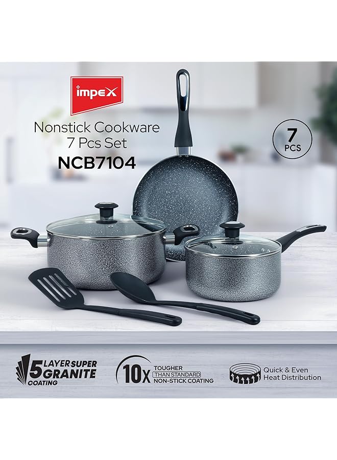 إمبكس طقم أواني طهي من الألومنيوم، 7 قطع، سطح جرانيت غير لاصق، غطاء زجاجي مقوى، مقلاة، قدر مع غطاء، قدر حليب مع غطاء، ملعقتان، ضمان لمدة عام NCB 7104 - Image 2