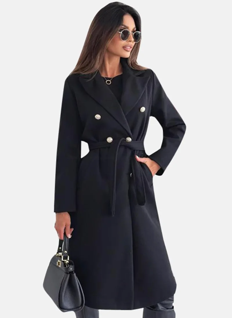 يونيكي Black Solid Relaxed Fit Open front Coats