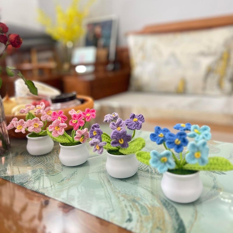 MofivKce Crochet Forget-Me-Not Potted Plants Handmade Artificial Flowers for Home Decor, Wedding, Birthday Gift for Friends and Family (Pink) - Image 4
