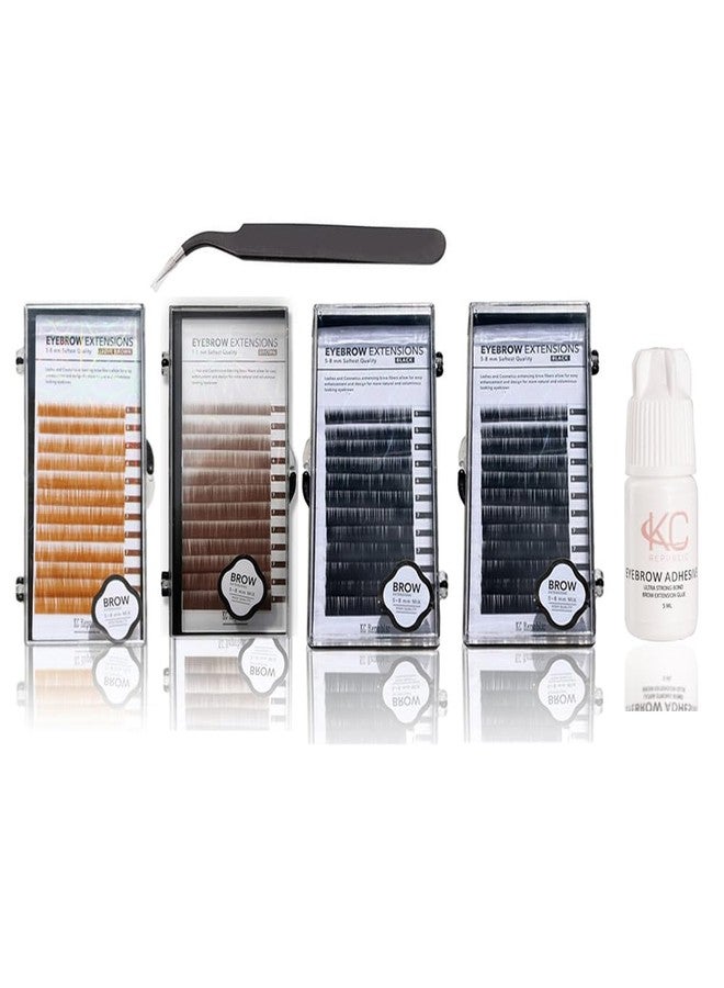 KC Republic Eyebrow Extensions Kit with 4 Trays of Mink Eyebrows in Light Brown, Brown, 2 Black, Comes on Mixed Length Trays 5-8 Mm Mix, Eyebrow Extension Glue & Extension Tweezers - Image 1