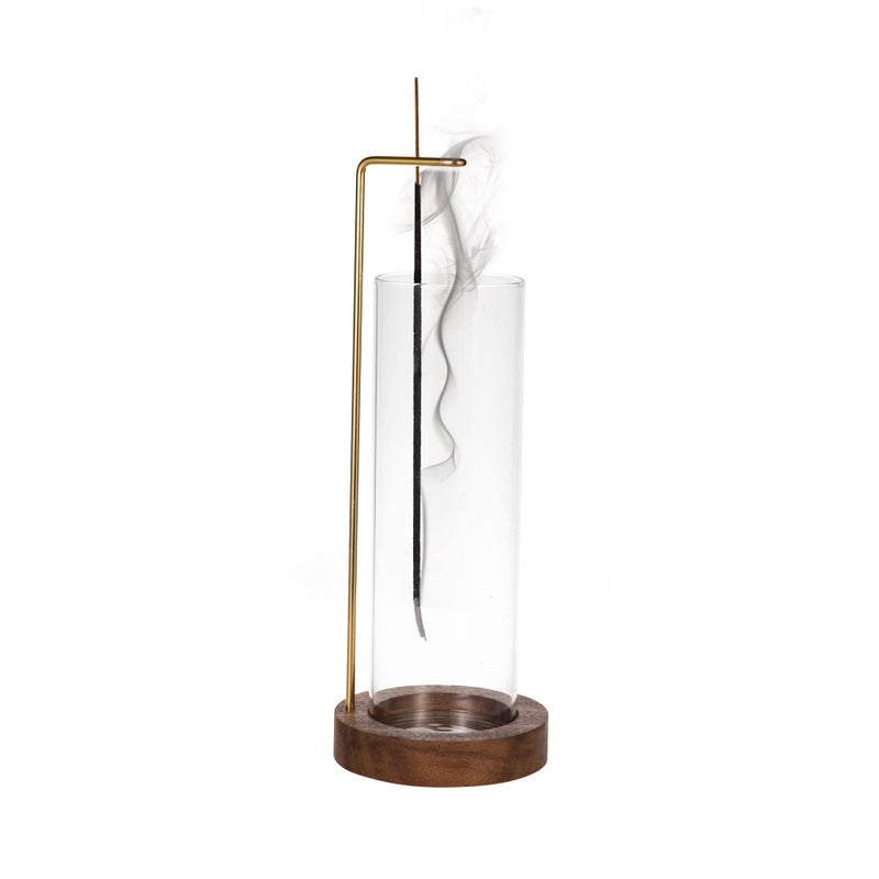 IMEEA Incense Holder Wooden Incense Burner for Sticks Brass Incense Stick Holder with Glass Ash Catcher for Yoga Spa Meditation Home Decor