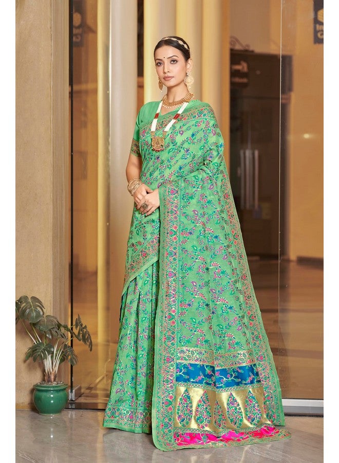 Glory Sarees Women's Kashmiri Cotton Woven Saree With Blouse Piece (Heritage_Silk111_Pista) - Image 3
