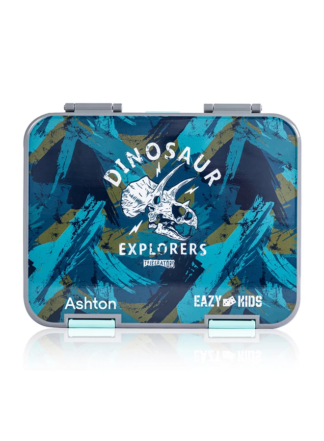 Eazy Kids Eazy Kids - Personalized 6 & 4 Convertible Bento Lunch Box w / Steel Spoon & Fork Set and Alphabets Sticker - T-Rex Grey