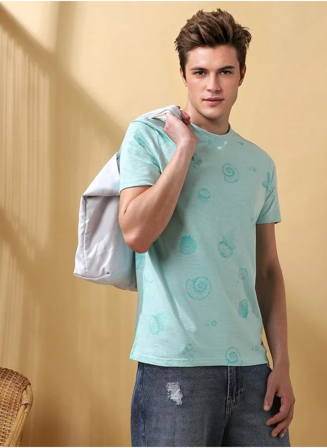 دينيس لينغو Men's Eggshell Blue 100% Cotton Printed Regular Fit T-Shirt
