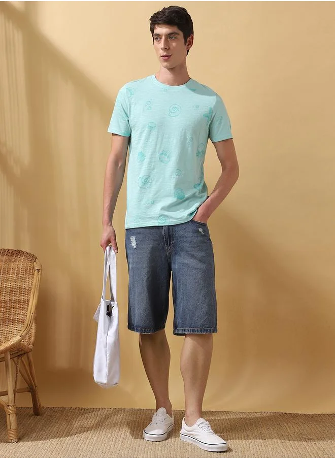 دينيس لينغو Men's Eggshell Blue 100% Cotton Printed Regular Fit T-Shirt