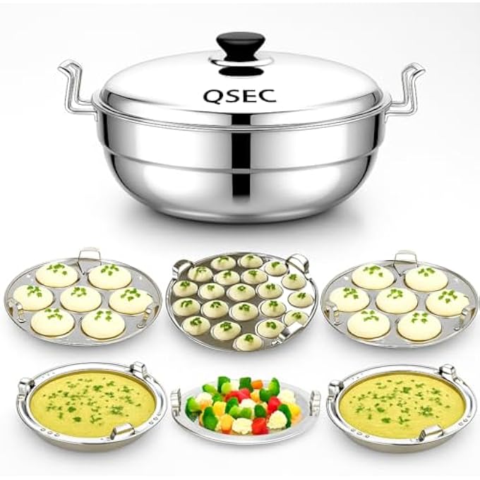 QSEC Triply bottom Idli maker Stainless Steel 4in1 Induction base Multi utility Kadai Idli Cooker AllinOne Big Size dhokla Cooker 6 Plate 2 Idli 1 mini idli 2 Dhokla 1 Patra Momo Steamer - Image 1