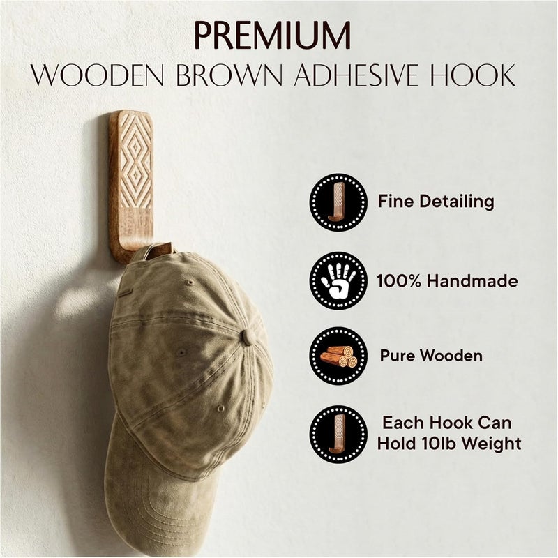 Indian-Shelf – Bohemian Style Wooden Adhesive Wall Hooks for Hanging Coats, Keys, Leash, Hat, Towel, Pretty Adhesive Key Holder, Western Wall Decor White Brown (6) - Image 3