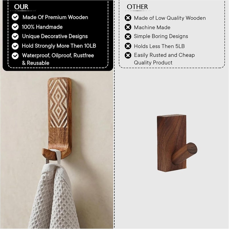 Indian-Shelf – Bohemian Style Wooden Adhesive Wall Hooks for Hanging Coats, Keys, Leash, Hat, Towel, Pretty Adhesive Key Holder, Western Wall Decor White Brown (6) - Image 2
