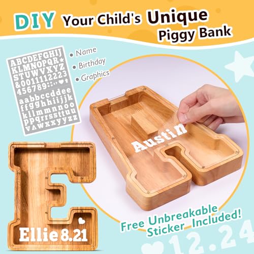 SummiDate Wooden Letter Piggy Bank for Kids| Piggy Bank for Boys Girls Toddler| Alphabet E Money Bank| Wood Coin Bank Personalized Birthday Easter Gift for Kids (E) - Image 3