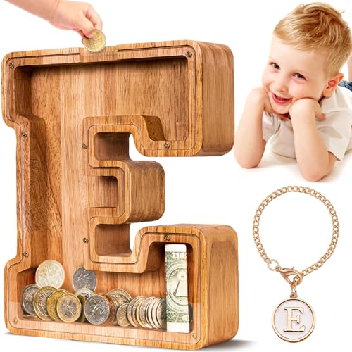 SummiDate Wooden Letter Piggy Bank for Kids| Piggy Bank for Boys Girls Toddler| Alphabet E Money Bank| Wood Coin Bank Personalized Birthday Easter Gift for Kids (E) - Image 1