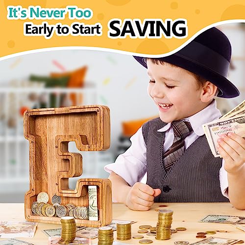 SummiDate Wooden Letter Piggy Bank for Kids| Piggy Bank for Boys Girls Toddler| Alphabet E Money Bank| Wood Coin Bank Personalized Birthday Easter Gift for Kids (E) - Image 2