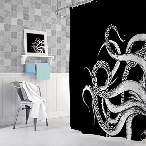 VEIGIKE Octopus Decor Shower Curtain for Bathroom, Funny Black and White Sea Monster Kraken Animal Goth Fabric Shower Curtains Set, Unique Novelty Nautical Gothic Restroom Accessories with Hooks 72X72 - Image 4